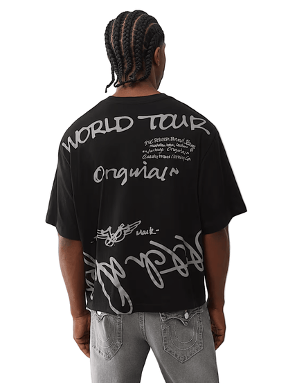 True Religion World Tour Script Boxy Tee from On Time Fashions – tee by True Religion, Birmingham AL’s 1 fashion store and premier destination for streetwear, suits, kids fashion, and big & tall