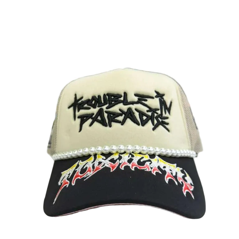 Twelve33 Toxicity Trouble in Paradise trucker hat in cream with black brim and pearl chain