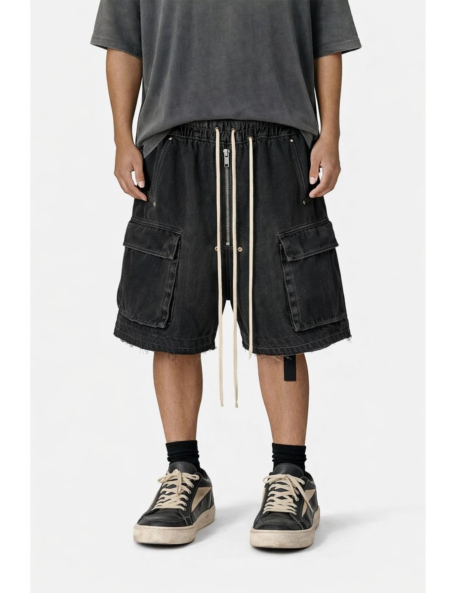 UNDEVELOPED Noir Drawstring Denim Cargo from On Time Fashions – Shorts by UNDEVELOPED, Birmingham AL’s 1 fashion store and premier destination for streetwear, suits, kids fashion, and big & tall