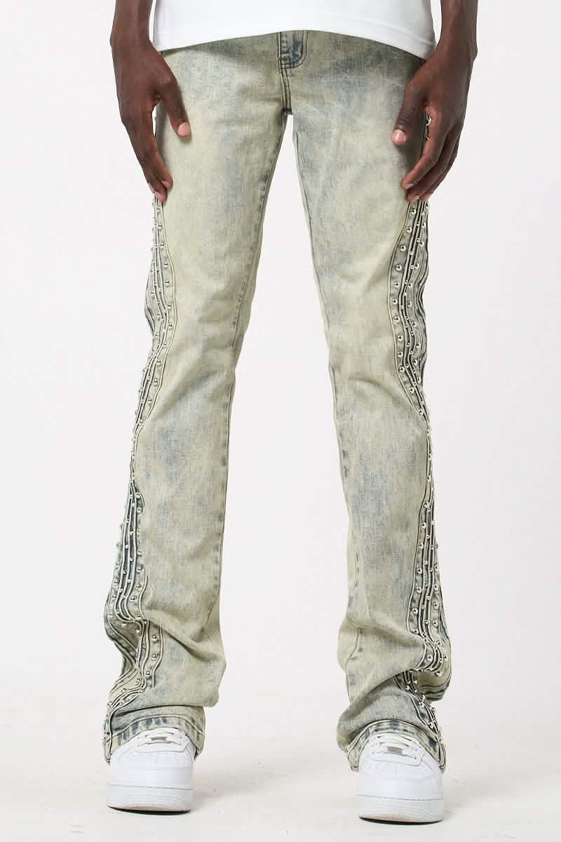 Waimea Textured Studded Stacked Denim from On Time Fashions – jeans by Rams Imports Inc., Birmingham AL’s 1 fashion store and premier destination for streetwear, suits, kids fashion, and big & tall