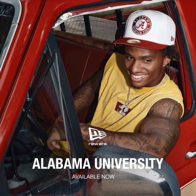 Ryan Williams wearing an Alabama cap and yellow sleeveless shirt in a red vintage truck, with supplied New Era Alabama University and Available Now artwork.