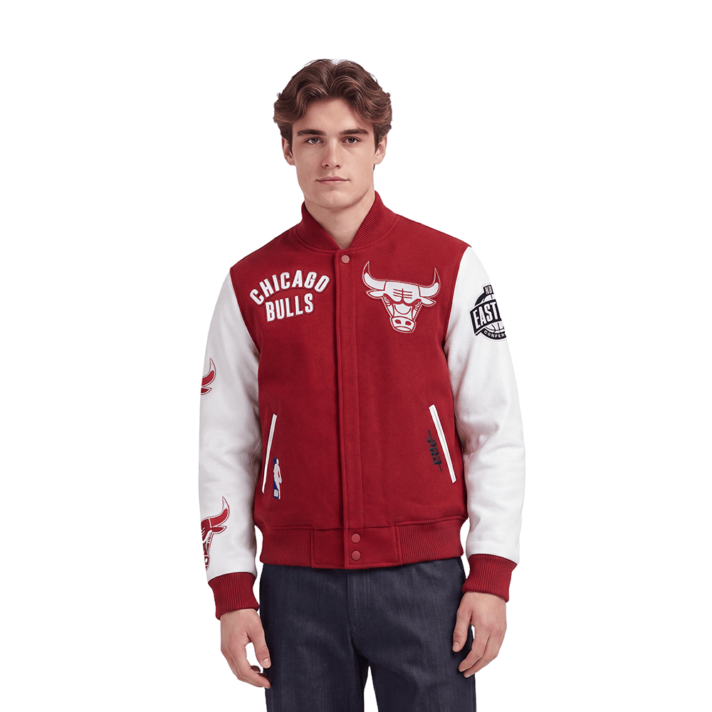 Official Pro Standard model photograph of the stocked Chicago Bulls All Pro red and white varsity jacket.
